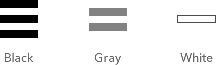 Black is represented with three horizontal lines, gray with two horizontal lines and white with just one horizontal line.