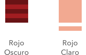 Por ejemplo, tres líneas del negro dentro del cuadrado rojo crean rojo oscuro. Si queremos rojo claro, o color rosa, simplemente ponemos la línea del blanco nel exterior del cuadrado rojo.